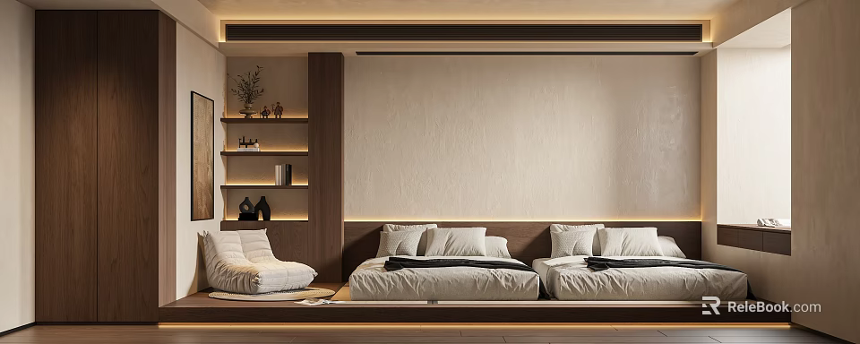 Modern Japanese Bedroom Interior Design With Tatami Bed Wooden Bookshelf Beige Wall And Light Strips 3d model 