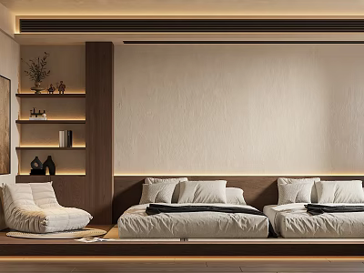 Modern Japanese Bedroom Interior Design With Tatami Bed Wooden Bookshelf Beige Wall And Light Strips 3d model