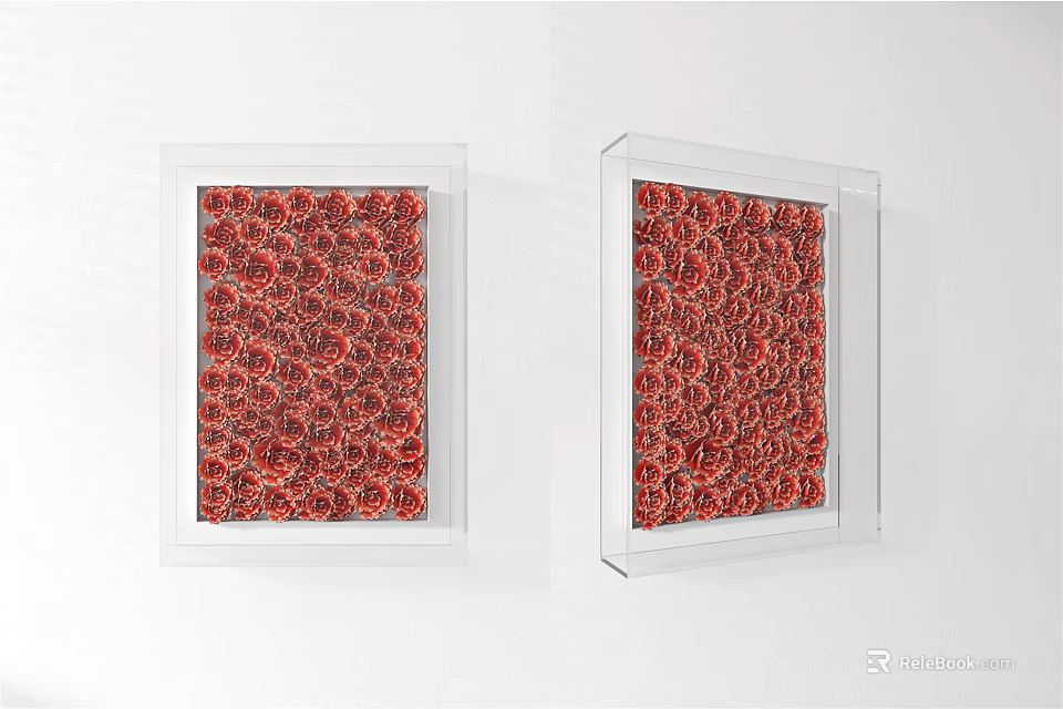 Two Red Floral Pattern Artworks in Transparent Frames Hung on White Wall 3d model