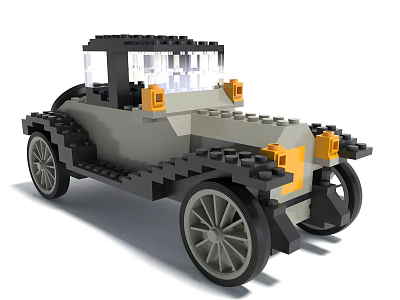 Building Blocks Vintage Car Model With Grey Black Body And Orange Headlights 3d model