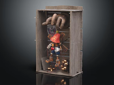 Playful Doll in Wooden Box with Red Hat Blue Outfit Large Hand Small Lights 3d model