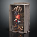 Playful Doll in Wooden Box with Red Hat Blue Outfit Large Hand Small Lights