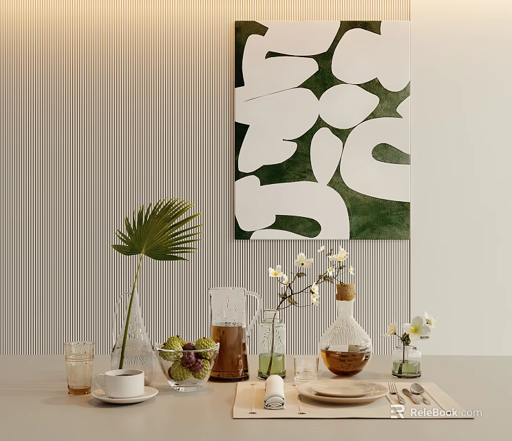 Stylish Tableware Set on Modern Dining Table with Green Abstract Art Fresh Flowers and Glassware 3d model 