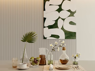 Stylish Tableware Set on Modern Dining Table with Green Abstract Art Fresh Flowers and Glassware 3d model