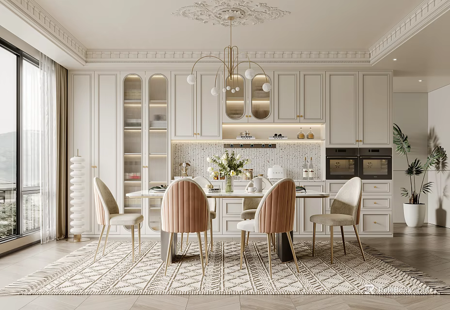 Elegant White Restaurant Interior with White Cabinets Chandelier Dining Table Chairs Decorative Rug and Plants 3d model 