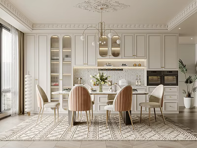 Elegant White Restaurant Interior with White Cabinets Chandelier Dining Table Chairs Decorative Rug and Plants 3d model