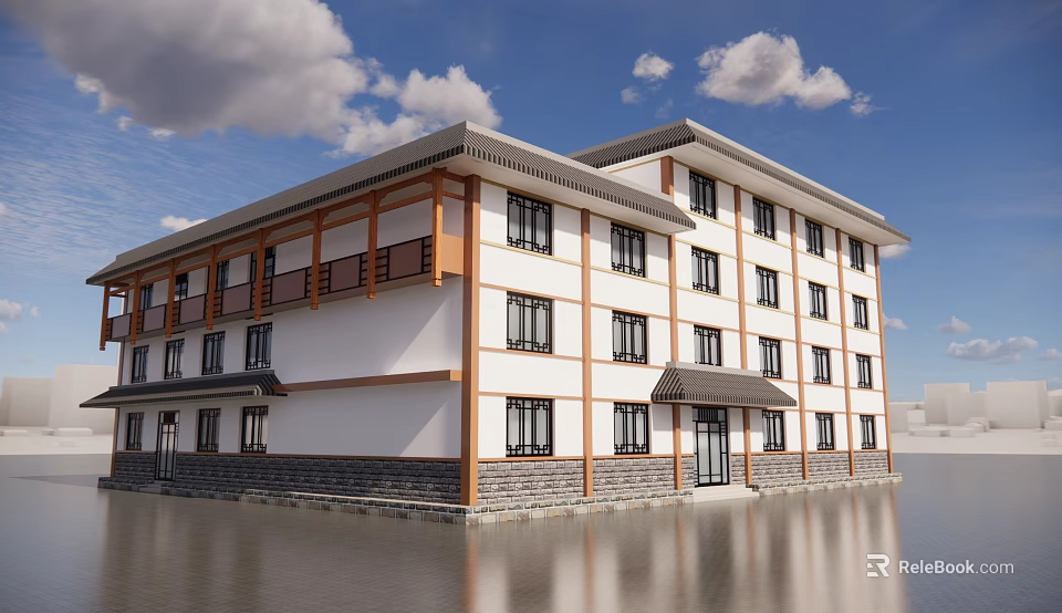 Modern Traditional Style Commercial Complex With White Walls Brown Wooden Decor And Waterfront Reflective Surface 3d model 