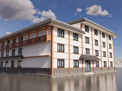 Modern Traditional Style Commercial Complex With White Walls Brown Wooden Decor And Waterfront Reflective Surface 3d model