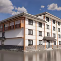 Modern Traditional Style Commercial Complex With White Walls Brown Wooden Decor And Waterfront Reflective Surface