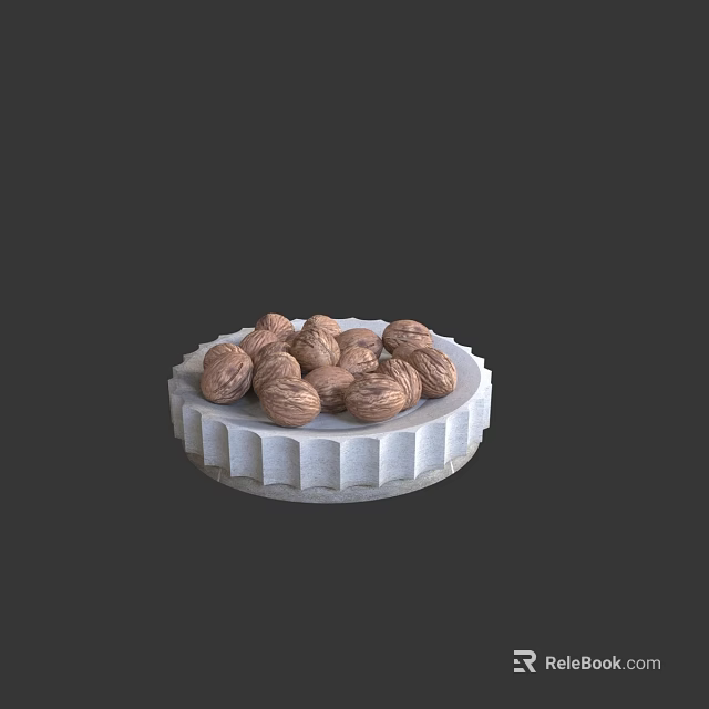 Fresh Walnuts Arranged On A White Textured Plate With Circular Design 3d model 