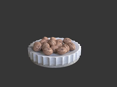 Fresh Walnuts Arranged On A White Textured Plate With Circular Design 3d model