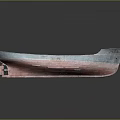 Vintage Wooden Boat With Blue Red Worn Appearance On Gray Background Reflection