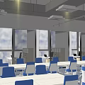 Modern Open Public Office Space With Blue Sofas Bookshelves And Workstations 3d model