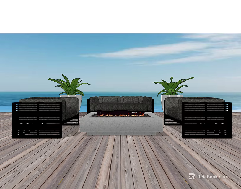 Modern Outdoor Sofa With Fire Pit Potted Plants On Wooden Deck Sea View 3d model 