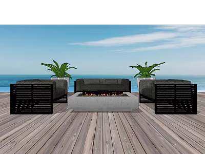 Modern Outdoor Sofa With Fire Pit Potted Plants On Wooden Deck Sea View 3d model