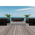 Modern Outdoor Sofa With Fire Pit Potted Plants On Wooden Deck Sea View