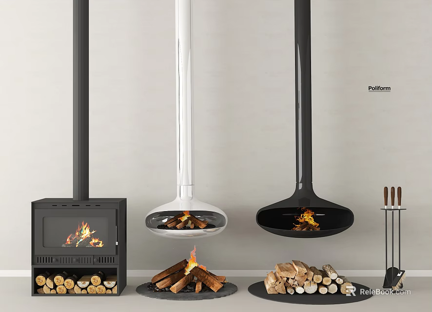 Different Design Fireplaces With Hanging And Freestanding Styles Burning Fire And Wood Logs 3d model 