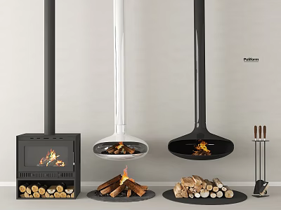 Different Design Fireplaces With Hanging And Freestanding Styles Burning Fire And Wood Logs 3d model