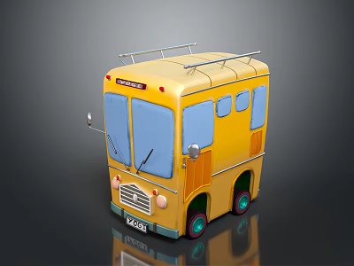 Yellow School Bus With Roof Rack Front Logo And Green Wheels 3d model