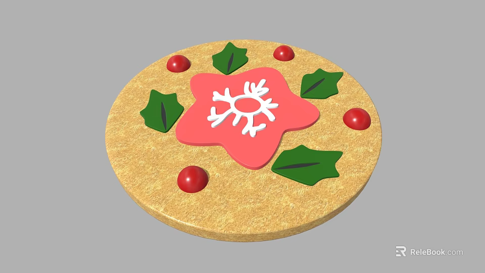 Round Decorative Ornament With Golden Base Pink Snowflake Green Leaves Red Berries 3d model 