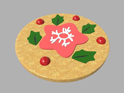 Round Decorative Ornament With Golden Base Pink Snowflake Green Leaves Red Berries 3d model