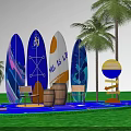 Vibrant Photo Check-in Spot with Colorful Surfboards Palm Trees and Wooden Barrels