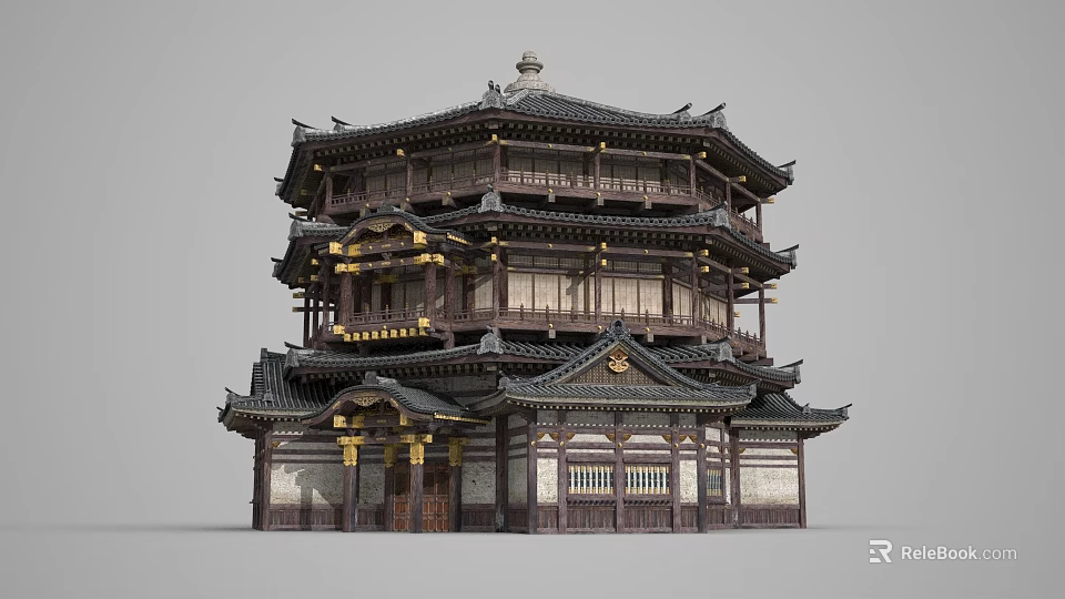Ancient Traditional Multi tiered Wooden Architecture With Golden Decorations And Ornate Roof 3d model 