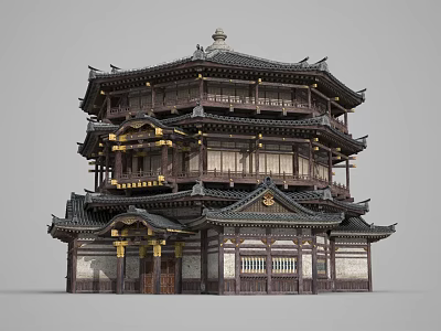 Chinese-style ancient building attic three-story tower building 3d model
