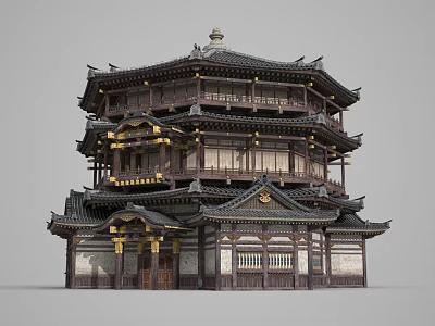 Ancient Traditional Multi tiered Wooden Architecture With Golden Decorations And Ornate Roof 3d model