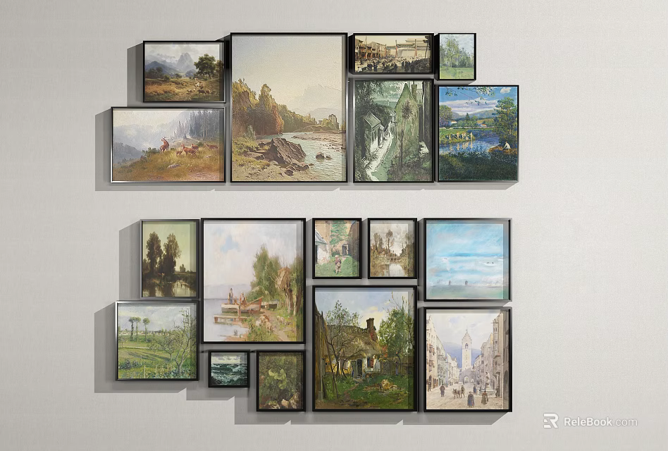 Various Framed Landscape Paintings With Natural Scenery And Rural Views On Wall 3d model 
