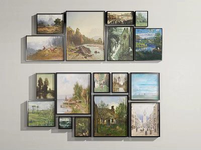 Various Framed Landscape Paintings With Natural Scenery And Rural Views On Wall 3d model