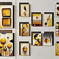 Modern Abstract Paintings With Yellow Brown Geometric Shapes And Circular Elements 3d model