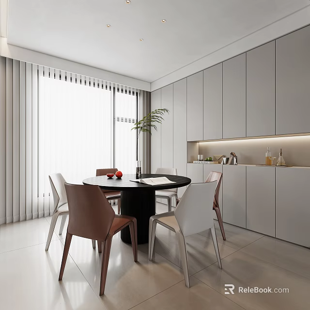 Modern Restaurant Interior Design With Round Dining Table Chairs Gray Cabinets And Plants 3d model