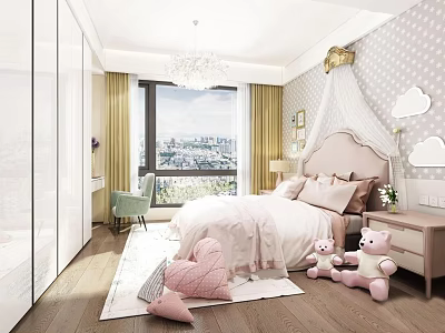 Cute Kids Room Interior Featuring Pink Canopy Bed Cloud Decorations Stuffed Toys And Heart Pillow 3d model