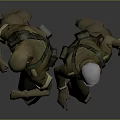 Two Military Characters in Uniform Wearing Hats Carrying Gear Standing on Gray Background