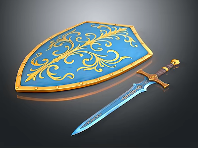 Blue and Gold Decorative Shield and Sword as Medieval Weapons with Ornate Patterns 3d model