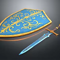 Blue and Gold Decorative Shield and Sword as Medieval Weapons with Ornate Patterns