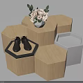 Hexagonal Wooden Display Cabinets Stacked Design With Vase Flowers And Black Shoes