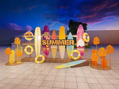 Summer Themed Decorative Setup With Surfboards Inflatable Rings And Palm Leaves 3d model