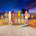 Summer Themed Decorative Setup With Surfboards Inflatable Rings And Palm Leaves