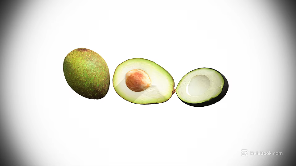 Fresh Ripe Avocado Whole Fruit and Halved Sections with Pit 3d model 