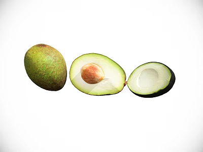 Fresh Ripe Avocado Whole Fruit and Halved Sections with Pit 3d model