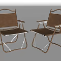 Two Foldable Leisure Chairs With Metal Frame And Brown Fabric Seat