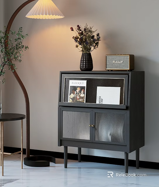 Stylish Dark Decorative Cabinet With Glass Door Vase Flowers Vintage Radio And Magazines 3d model 