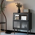 Stylish Dark Decorative Cabinet With Glass Door Vase Flowers Vintage Radio And Magazines