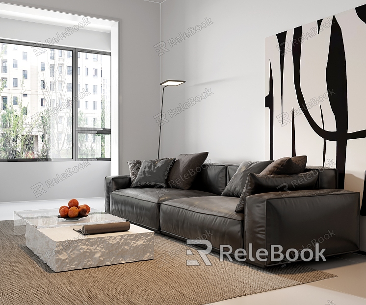 Leather Double Sofa Pillow Marble Acrylic Coffee Table Combination Floor Lamp Background Abstract Painting Carpet Fruit Books model