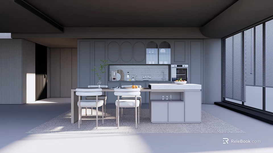Modern Restaurant Open Kitchen Design With Island Counter Dining Table And Chairs 3d model 