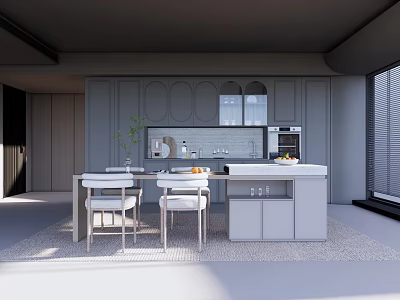 Modern Restaurant Open Kitchen Design With Island Counter Dining Table And Chairs 3d model