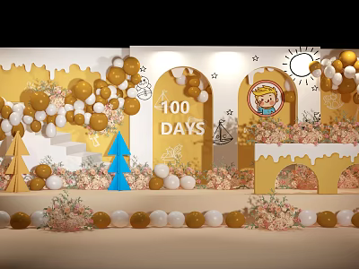 100 Days Celebration Entrance Arch With Gold White Balloons Cartoon Character Flower Decorations And Steps 3d model