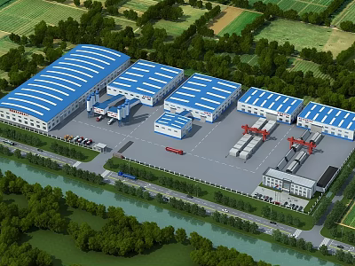 Industrial Factory with Blue White Roofs Warehouse Buildings Surrounded by Trees River Parking Trucks Cranes 3d model
